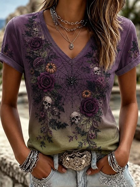 Women Floral Short Sleeve Tee T-shirt V Neck Casual Summer Top