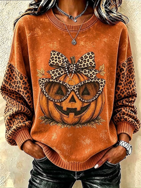 Women Leopard Crew Neck Printing Casual Spring/Fall Long Sleeve Sweatshirt