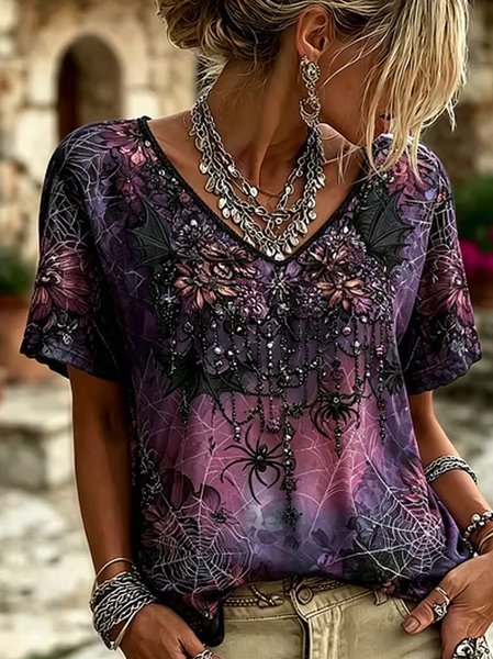 Women Floral Short Sleeve Tee T-shirt V Neck Casual Summer Top