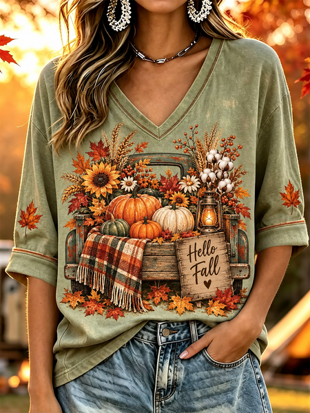 Women Text Letters Half Sleeve Tee T-shirt V Neck Printing Vintage Summer Top