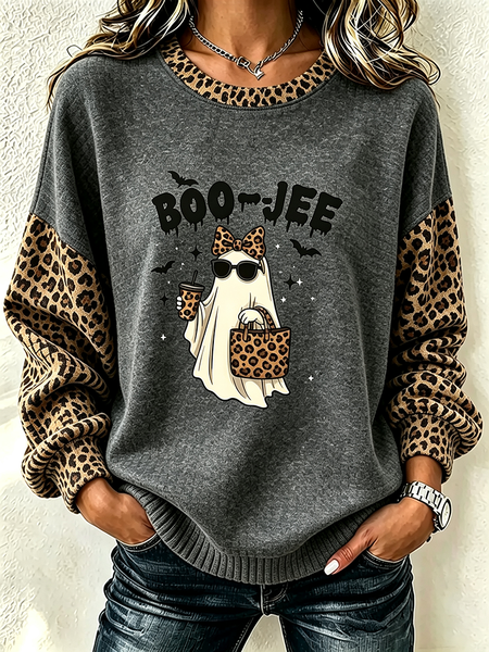 Women Leopard Crew Neck Printing Casual Spring/Fall Long Sleeve Sweatshirt