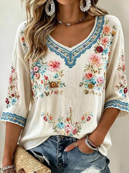 Women Floral Half Sleeve Tee T-shirt V Neck Casual Summer Top