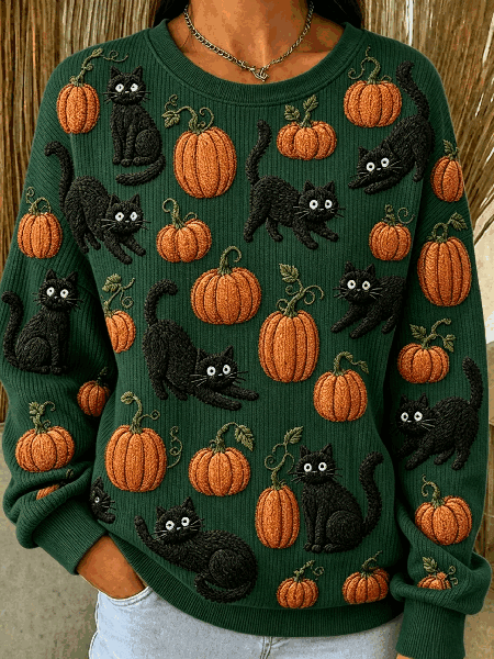 Women Cat Crew Neck Casual Spring/Fall Long Sleeve Sweatshirt