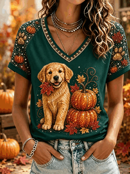 Women Dog Short Sleeve Tee T-shirt Crew Neck Casual Summer Top