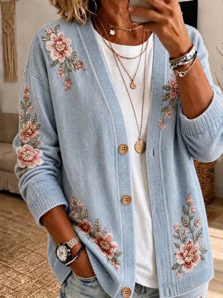 Women Floral Printing Long Sleeve Casual Spring/Fall Jacket Outerwear