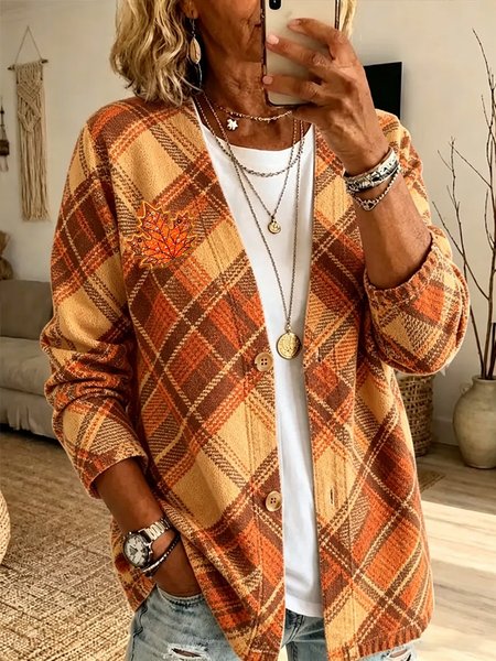Women Plaid Printing Long Sleeve Casual Spring/Fall Jacket Outerwear