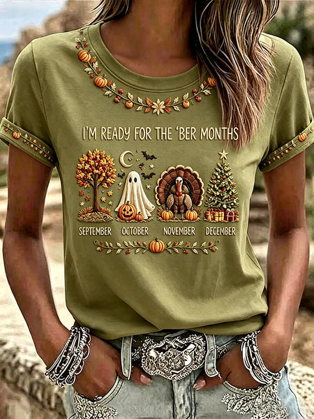 Women Halloween Short Sleeve Tee T-shirt Crew Neck Printing Casual Graphic Tee Summer Top