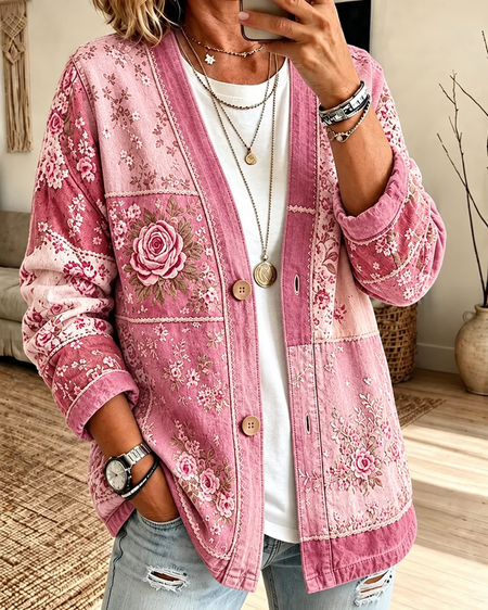 Women Floral Printing Long Sleeve Casual Spring/Fall Jacket Outerwear
