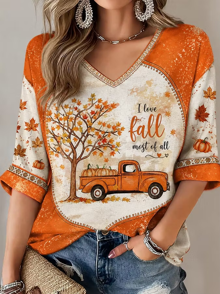 Women Maple Leaf Half Sleeve Tee T-shirt V Neck Printing Vintage Summer Top
