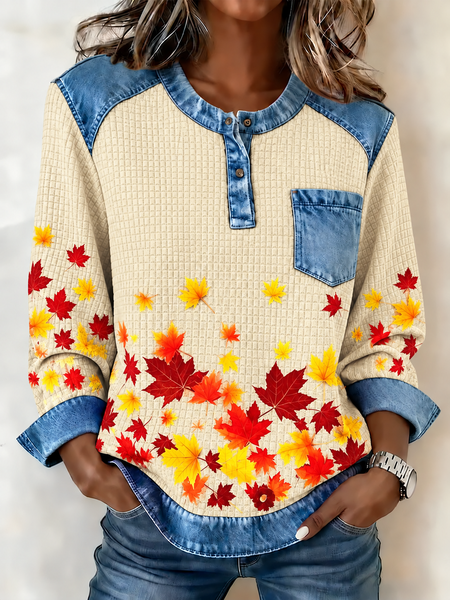Casual Maple Leaf Half Open Collar Long Sleeve Sweatshirt
