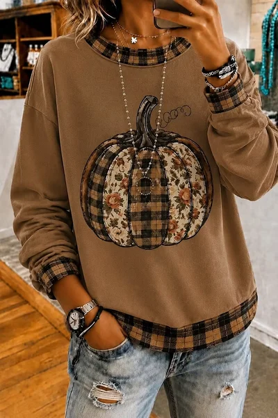 Casual Plaid Crew Neck Long Sleeve Sweatshirt