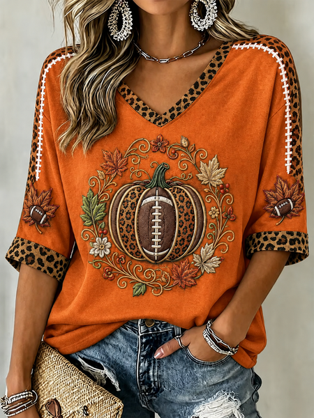 Women Maple Leaf Half Sleeve Tee T-shirt V Neck Printing Vintage Summer Top