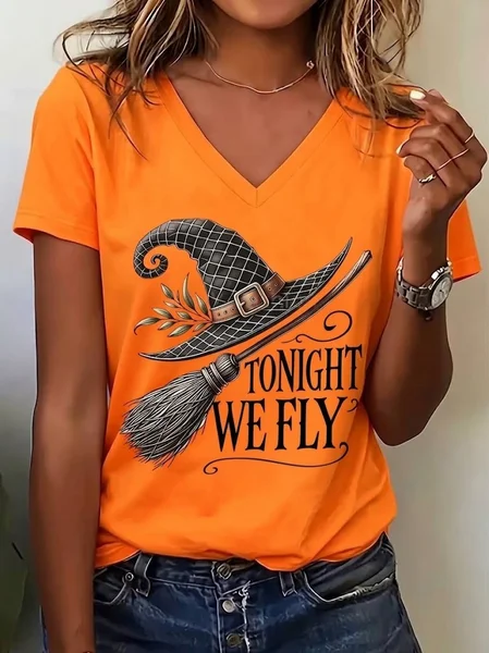 Vintage Text Letters V Neck Short Sleeve T-shirt