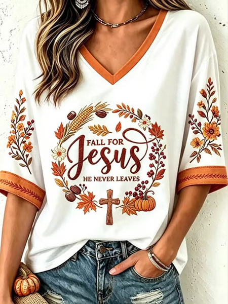 Women Maple Leaf Half Sleeve Tee T-shirt V Neck Printing Vintage Summer Top