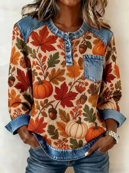 Women Maple Leaf Half Open Collar Button Detail Casual Spring/Fall Long Sleeve Sweatshirt