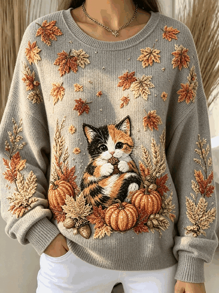 Casual Cat Crew Neck Long Sleeve Sweatshirt