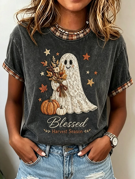 Women Halloween Short Sleeve Tee T-shirt Crew Neck Printing Casual Graphic Tee Summer Top
