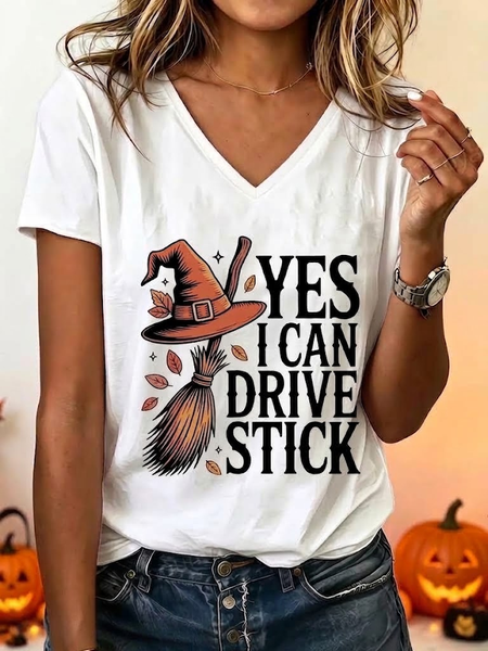 Vintage Text Letters V Neck Short Sleeve T-shirt