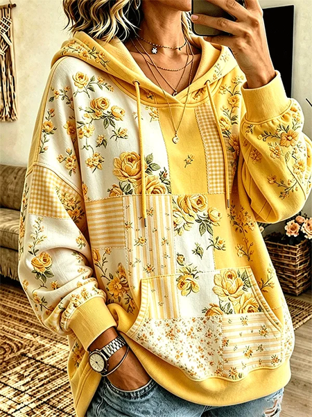 Women Floral Printing Long Sleeve Casual Daily Spring/Fall Hoodie