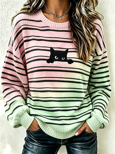 Women Striped Crew Neck Printing Casual Spring/Fall Long Sleeve Sweatshirt