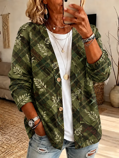 Women Plaid Printing Long Sleeve Casual Spring/Fall Jacket Outerwear
