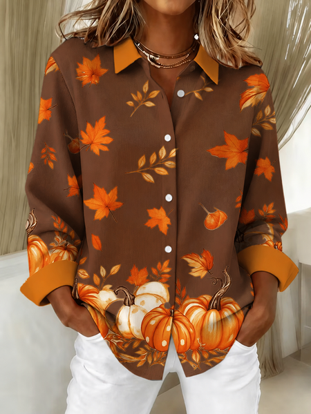Women Maple Leaf Shirt Collar Long Sleeve Shirt Vintage Daily Spring/Fall Top
