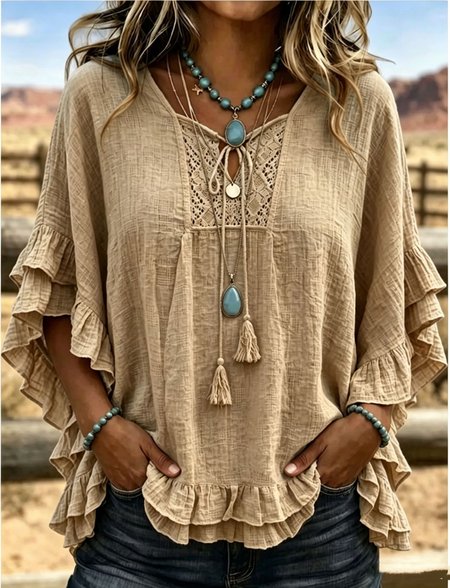 Women Plain Tie Neck Half Sleeve Blouse Vintage Daily Summer Top