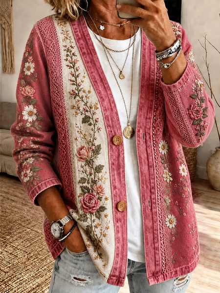 Women Floral Printing Long Sleeve Casual Spring/Fall Jacket Outerwear