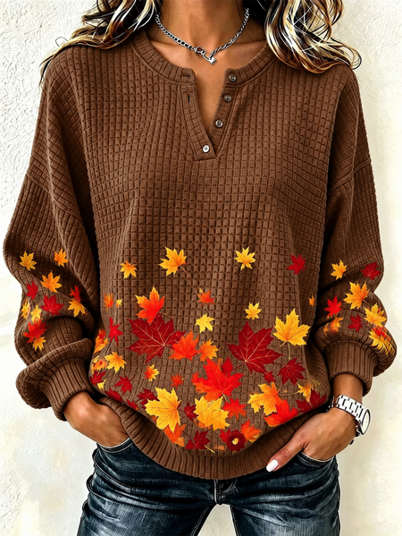 Women Maple Leaf Henley Collar Casual Spring/Fall Long Sleeve Sweatshirt