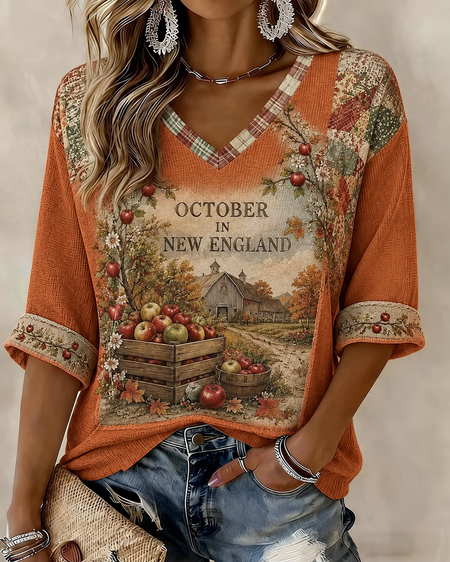Vintage Fruit V Neck Half Sleeve T-shirt