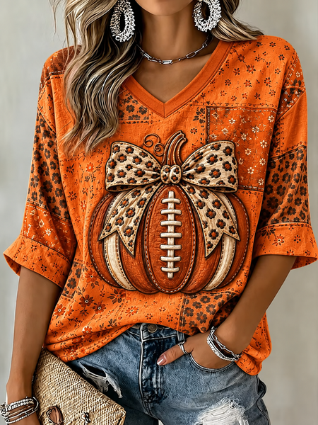 Women Leopard Half Sleeve Tee T-shirt V Neck Printing Vintage Summer Top