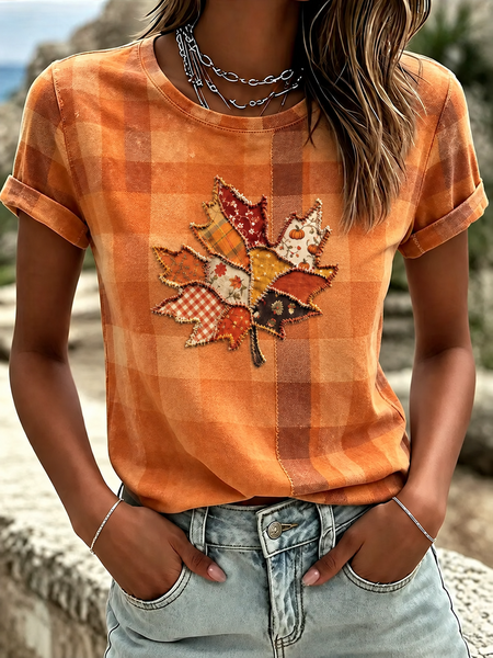Women Geometric Short Sleeve Tee T-shirt Crew Neck Casual Summer Top
