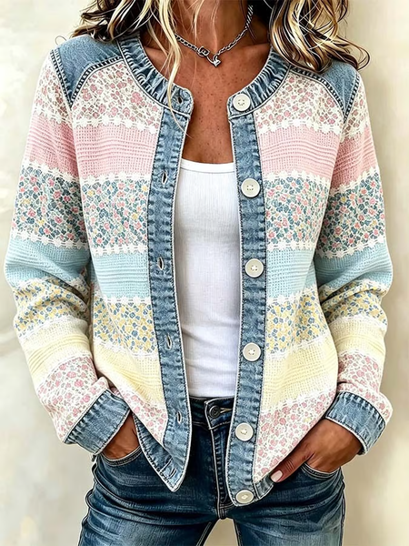 Women Spring/Fall Outerwear Vintage Printing Floral Long Sleeve Crew Neck Jacket