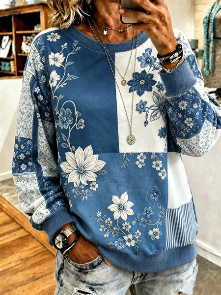 Casual Floral Crew Neck Long Sleeve Sweatshirt