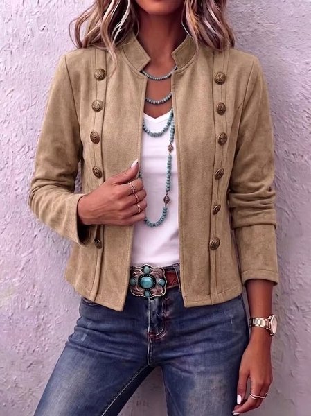 Women Spring/Fall Outerwear Vintage Plain Long Sleeve Stand Collar Jacket
