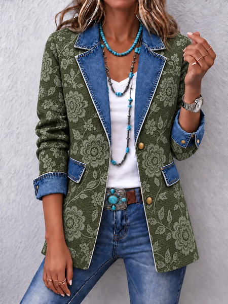 Women Spring/Fall Outerwear Vintage Floral Pattern Long Sleeve Lapel Collar Jacket