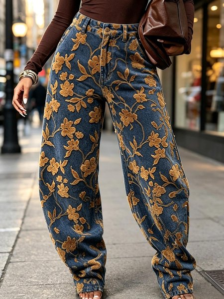 Denim Floral Casual Regular Fit Jeans 1 Denim Floral Casual Regular Fit Jeans