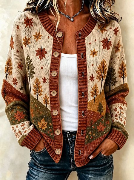 Women Maple Leaf Long Sleeve Comfy Casual Cardigan
