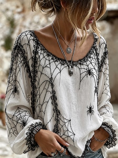 Women Spider Web Pattern Vintage Blouse Crew Neck Long Sleeve Printing Top