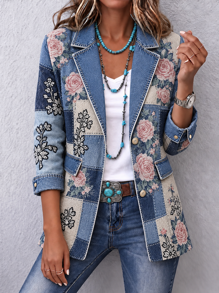 Women Spring/Fall Outerwear Vintage Floral Pattern Long Sleeve Lapel Collar Jacket