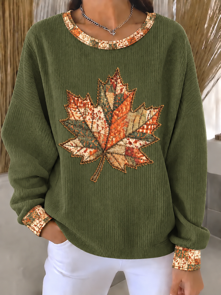 Casual Maple Leaf Crew Neck Long Sleeve Sweatshirt