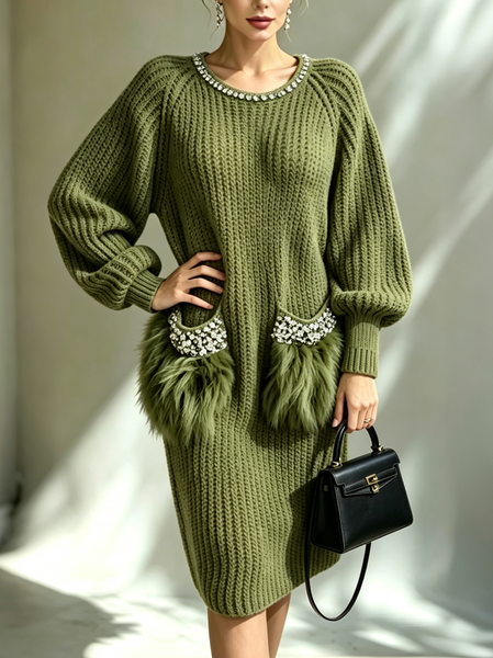 Casual Plain Rhinestone Sweater Knee Length Dress 1 Casual Plain Rhinestone Sweater Knee Length Dress