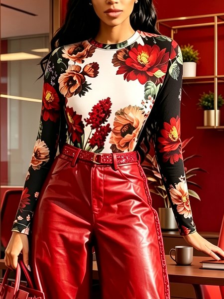 Urban Floral Printing Turtleneck T-shirt