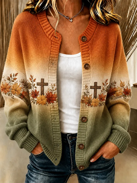 Women Maple Leaf Long Sleeve Comfy Vintage Printing Cardigan