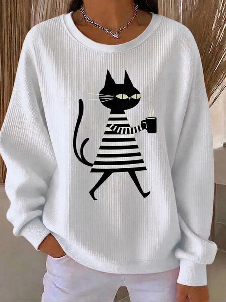 Casual Cat Crew Neck Long Sleeve Sweatshirt