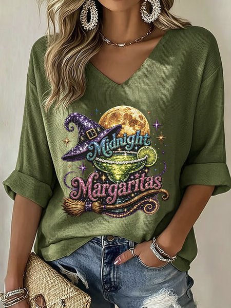 Casual Text Letters V Neck Half Sleeve T-shirt