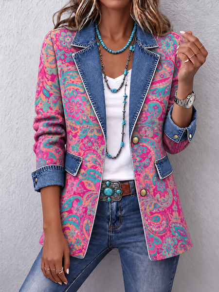 Women Spring/Fall Outerwear Vintage Floral Pattern Long Sleeve Lapel Collar Jacket