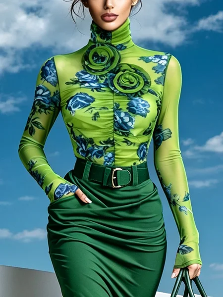 Elegant Floral Ruched Turtleneck Blouse