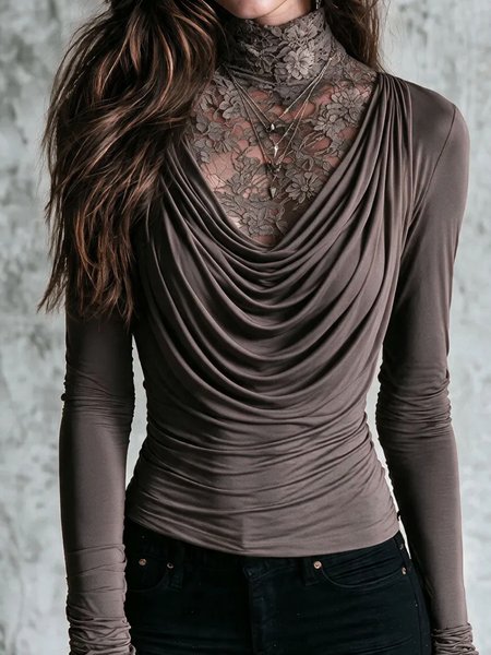 Elegant Plain Split Joint Stand Collar T-shirt