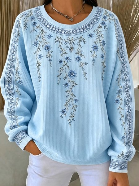 Casual Floral Crew Neck Long Sleeve Sweatshirt